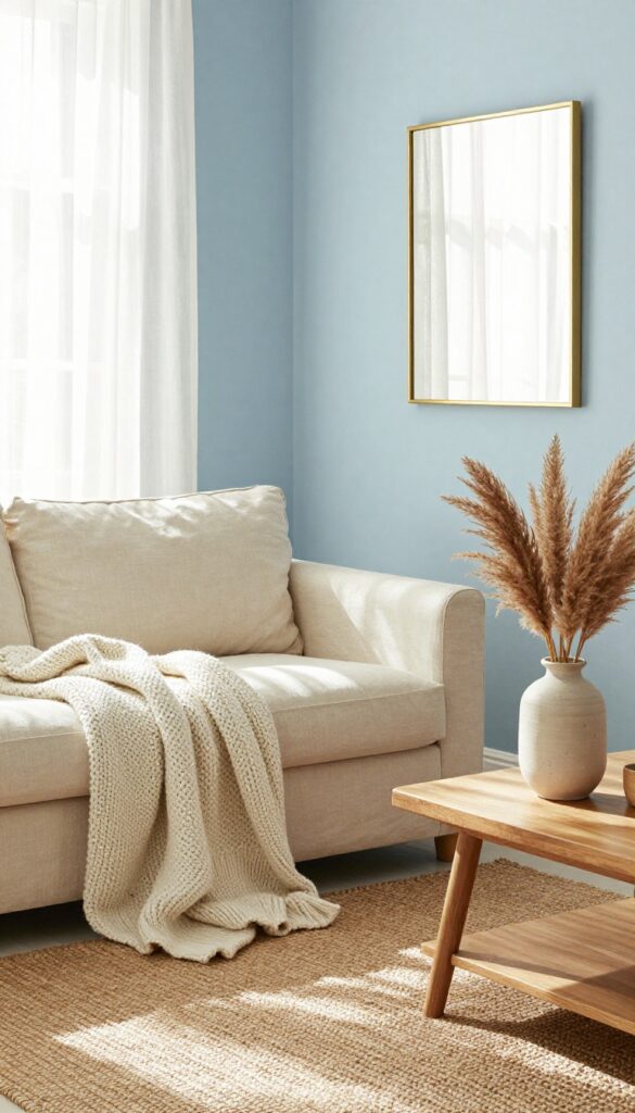 Bright living room with dusty blue walls, cream sofa, jute rug, and brass mirror, coastal decor