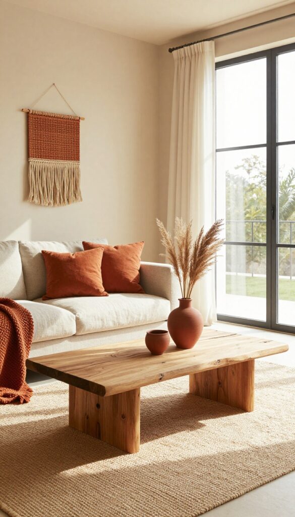Bright living room with sand-colored walls, driftwood furniture, and rust accents like pillows and a ceramic vase
