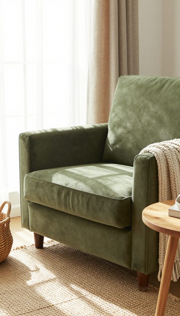 Olive green velvet armchair in a cozy living room with natural light, wooden side table, woven basket, and chunky knit throw.