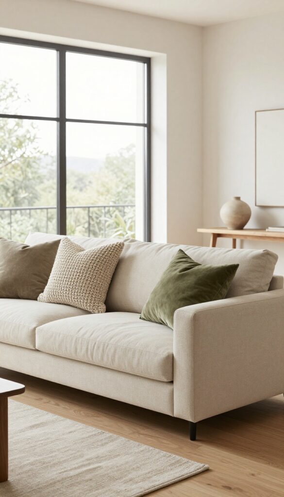 Modern living room with a clean beige sofa, textured pillows, and natural light from a large window.