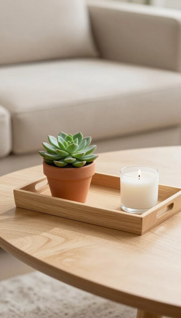 Minimalist living room coffee table with tray, succulent, and candle on a light wood surface, soft natural light, neutral decor.