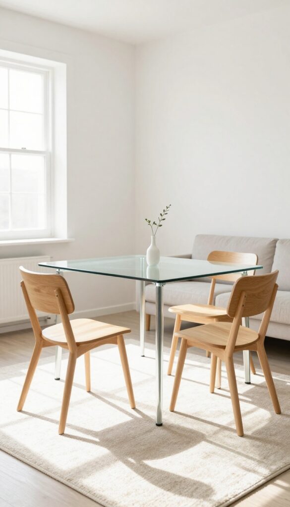 Small living and dining room with a glass dining table and light wood chairs, bright natural light, clean and airy decor