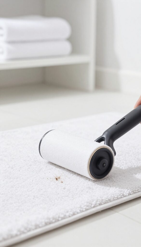A lint roller picking up hair and dust from a bathroom rug in a bright, clean bathroom.