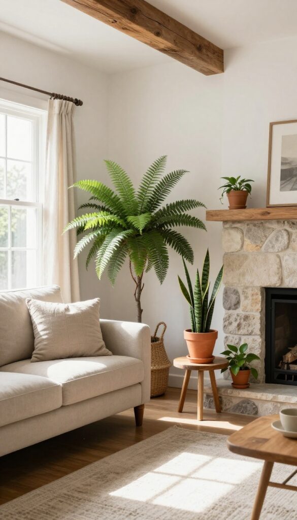 Rustic living room with greenery in woven baskets and terracotta pots, fern beside sofa, terracotta pots on side table, natural light, wood beams, stone fireplace.