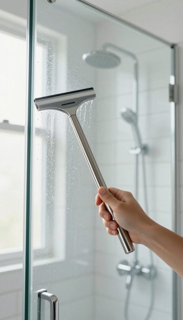 Hand using a squeegee on a wet glass shower door to prevent water spots and soap scum.