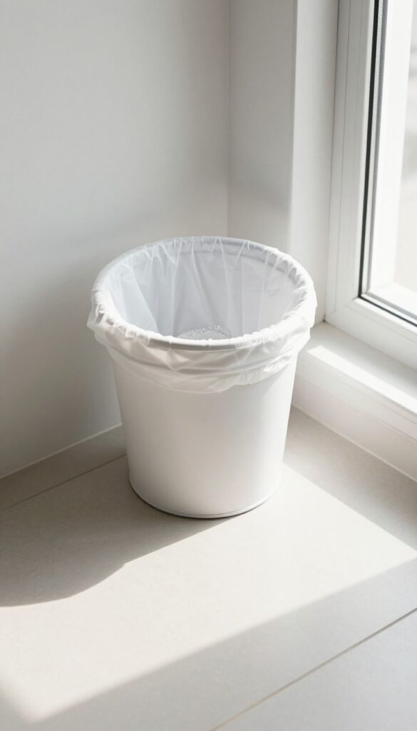 Clean bathroom with white wastebasket and fresh liner, baking soda at bottom, bright natural light