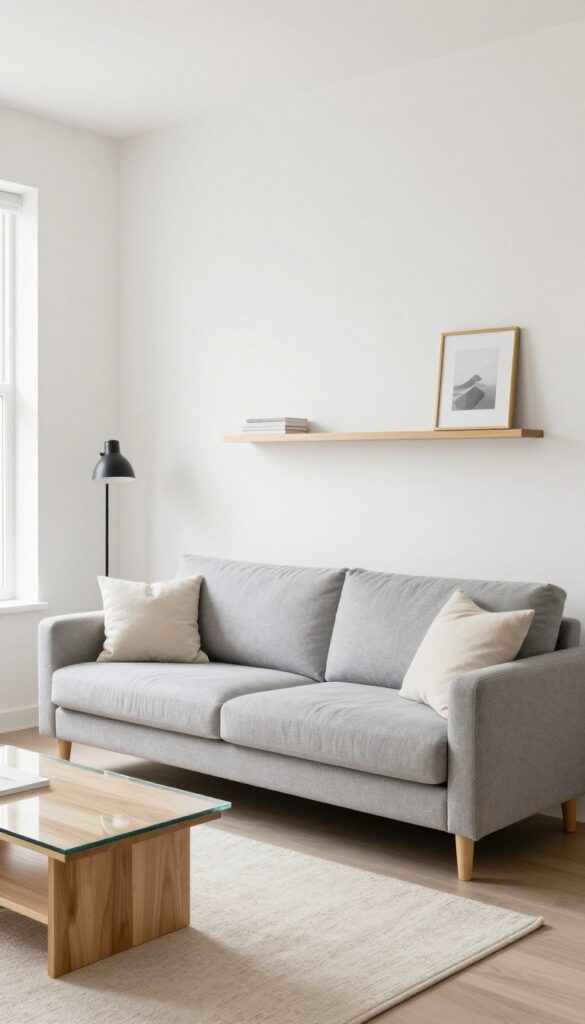 Small living room with blue-grey sofa, off-white walls, natural wood coffee table, and soft beige textiles.