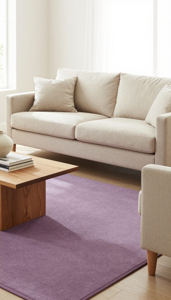 Neutral living room with a mauve purple area rug defining the seating area, sofa and chair placed on rug, natural light, clean and inviting.