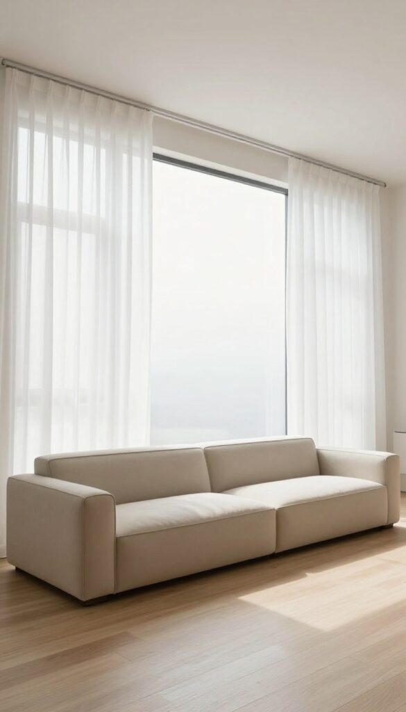 Living room with curtains hung high and wide near the ceiling, making the room look taller and more spacious, modern and clean style.