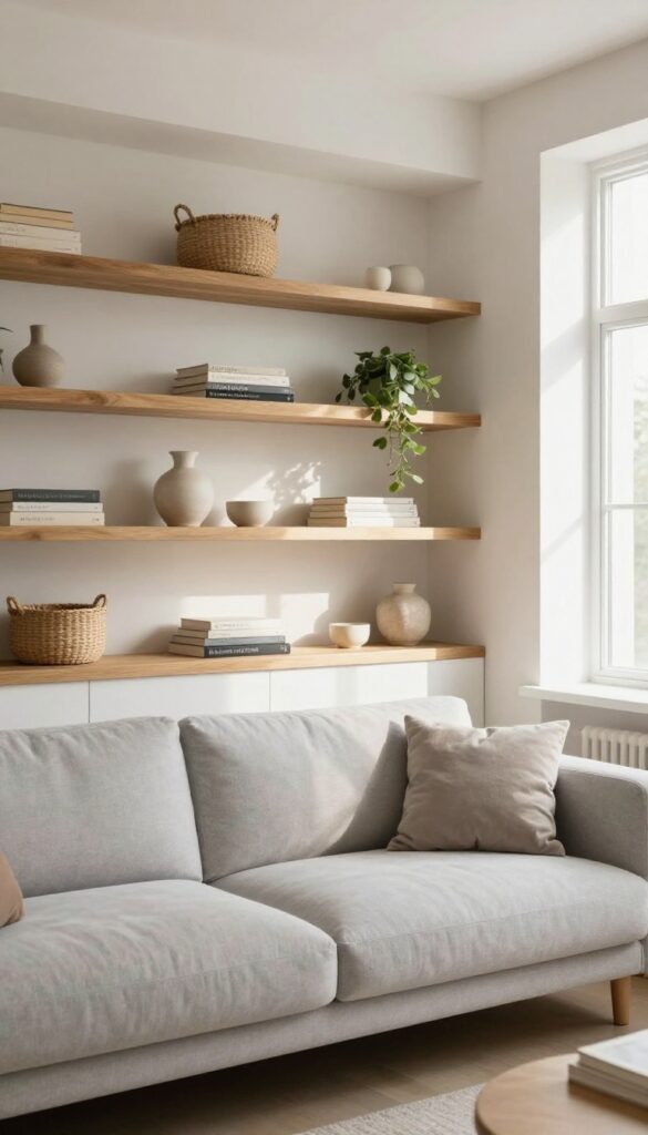 Open shelving unit as a room divider in a cozy modern living room with warm wood tones and soft natural light.