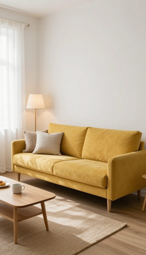 Small living room with a bright mustard yellow sofa, neutral decor, and natural light