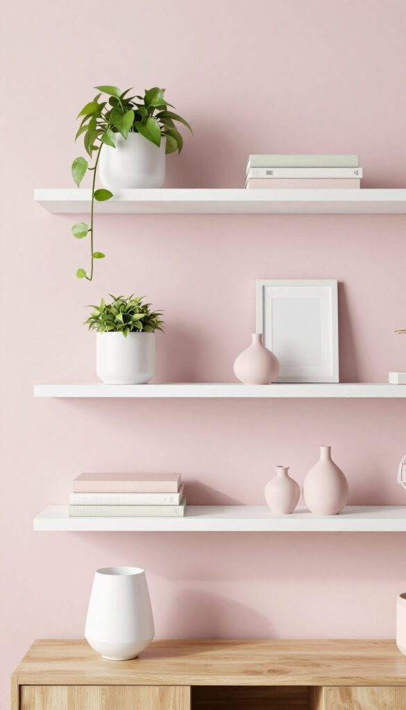 Floating shelves with plants and books in a bright, airy living room