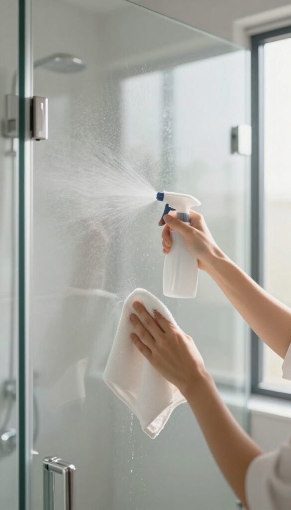 Weekly quick clean of shower door with spray and microfiber cloth