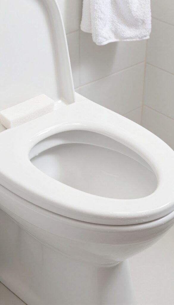Close-up of a clean toilet bowl with a pumice stone on the rim, bright natural light, no hard water rings.