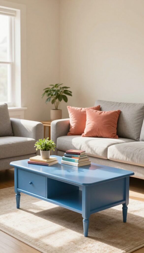Living room with a cobalt blue painted coffee table as a colorful focal point, gray sofa, coral pillows, and natural light.