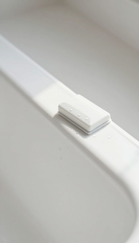 Squeegee on edge of clean bathtub with water droplets, bright natural light