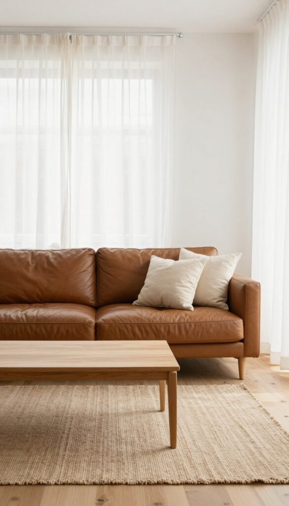 Small living room with brown leather couch, white walls, and sheer curtains letting in natural light