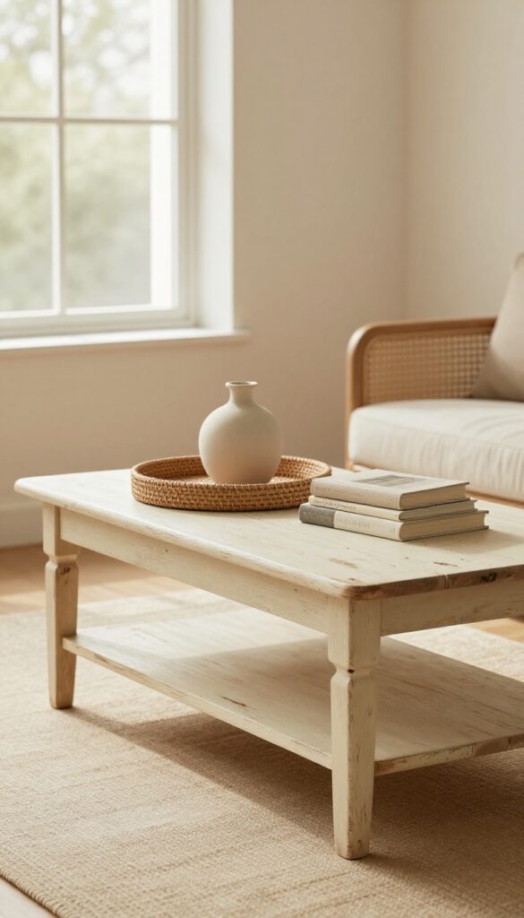 Cream chalk painted coffee table with woven tray and ceramic vase in warm neutral living room