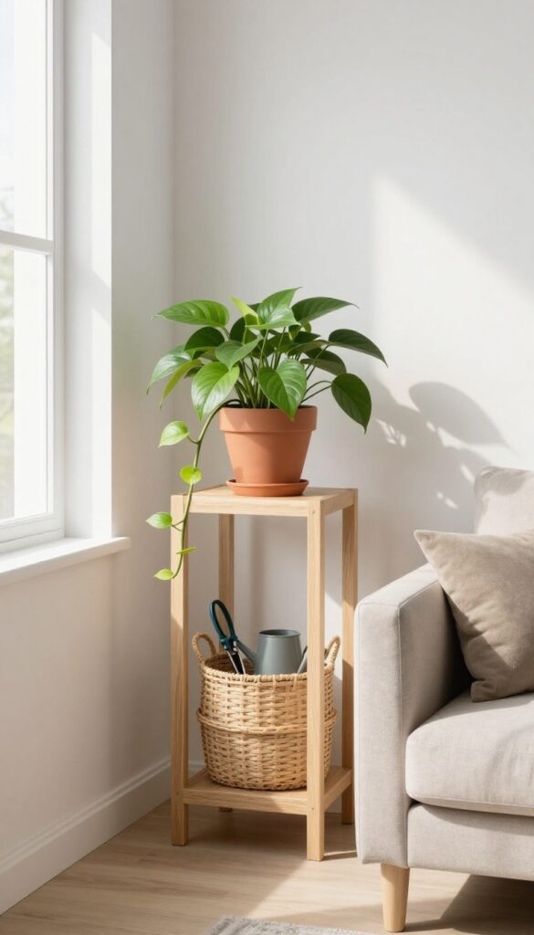 Eket cube as plant stand with trailing pothos and woven basket inside, warm modern living room