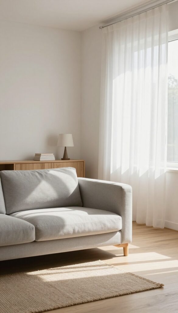 Minimalist living room with sofa floated away from wall, console table behind, natural light, open space