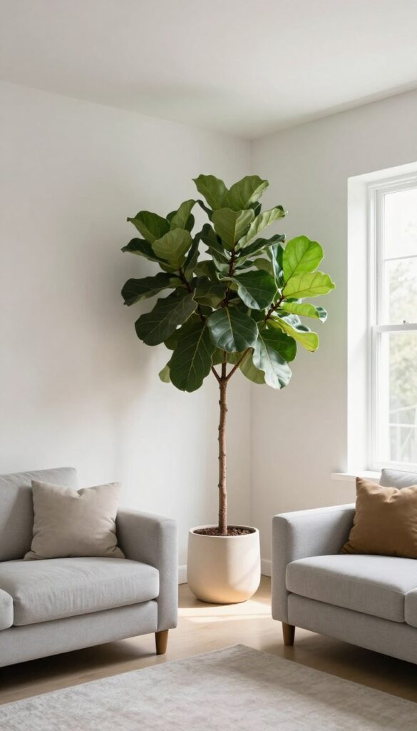 A tall fiddle leaf fig tree in a corner of a bright, neutral-toned living room, drawing the eye upward to create a sense of height and openness.