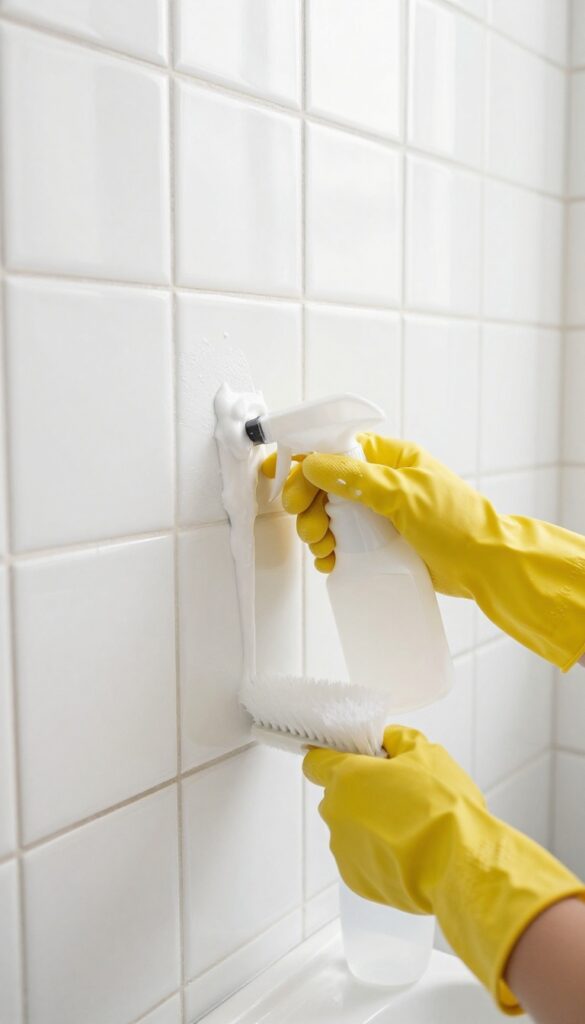 Hand applying bleach pen gel onto grout lines in a bright bathroom