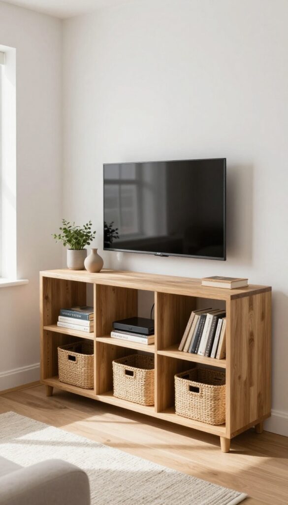 Open shelving unit with woven baskets in a small living room, TV mounted above, light wood frame, airy and organized.