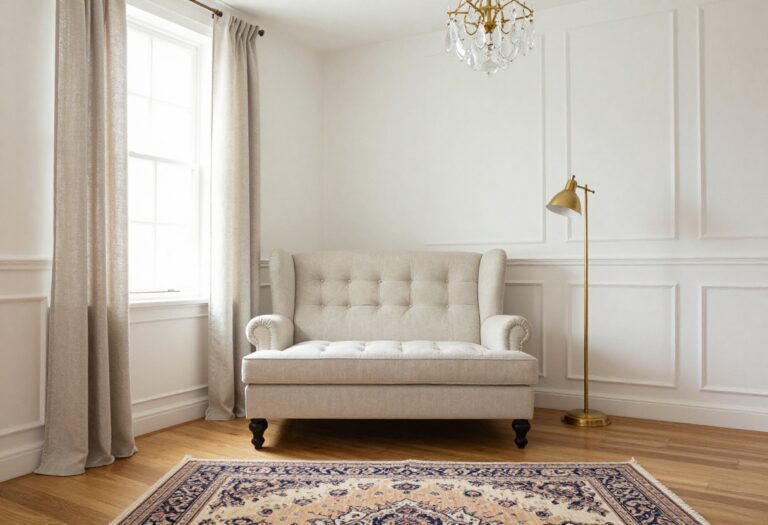 Cozy small living room with traditional decor featuring wainscoting, tufted ottoman, wingback chair, Persian runner, and brass accents.