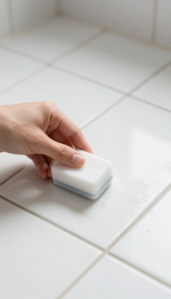 Hand using a Magic Eraser to clean light scuffs on bathroom grout