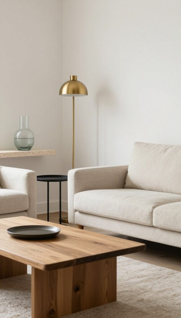 Modern living room mixing wood, metal, glass, and stone materials in neutral tones