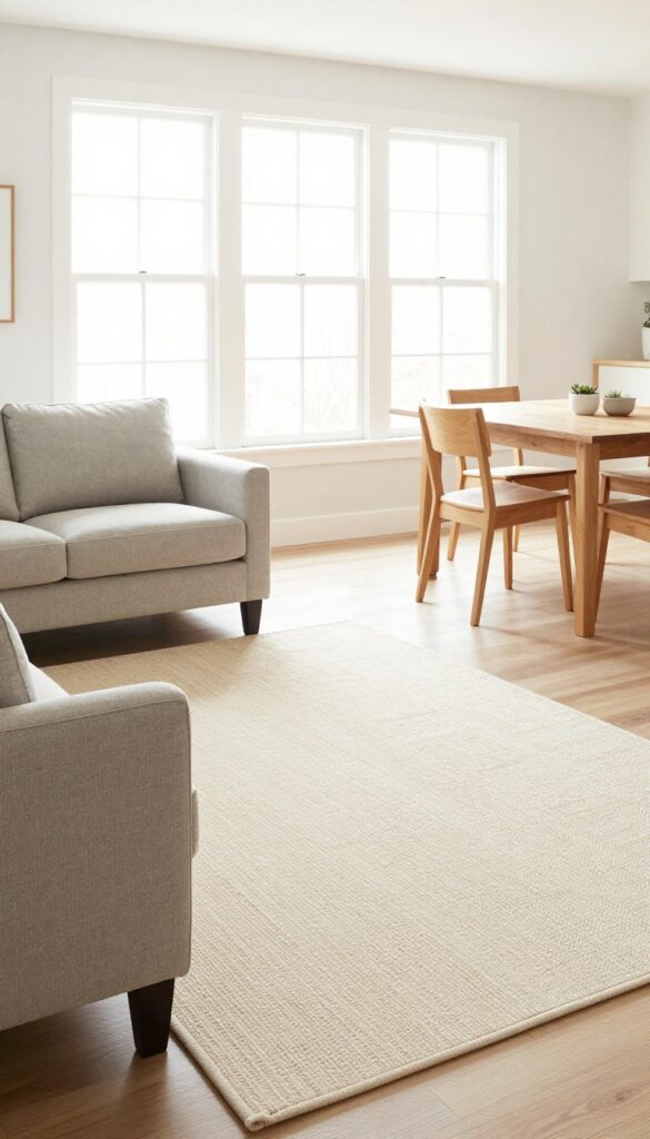 Light and airy open-plan living and dining room with two defining rugs in similar tones, creating distinct zones without walls.