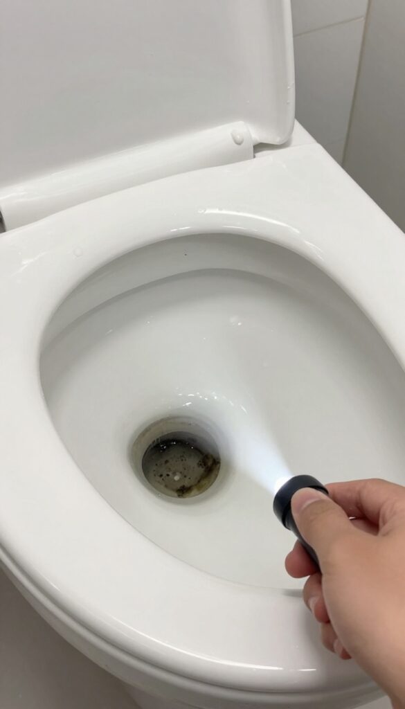 Person checking for mold in toilet overflow tube with flashlight