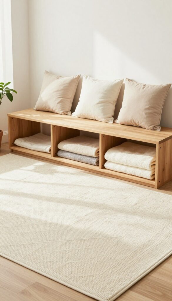 A living room storage bench covered with a flatweave carpet, providing a soft surface and extra seating.