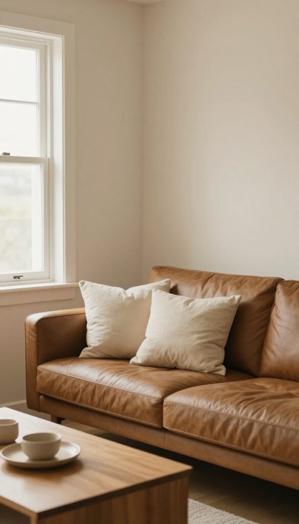 Warm beige living room walls with brown leather sofa and natural light