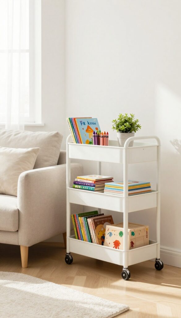 Living room with a rolling cart used for toy storage, styled with books and a plant