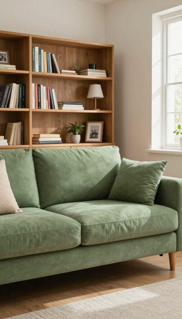 Cozy living room with green sofa bed and wooden bookshelf headboard filled with books and decor, warm natural light.