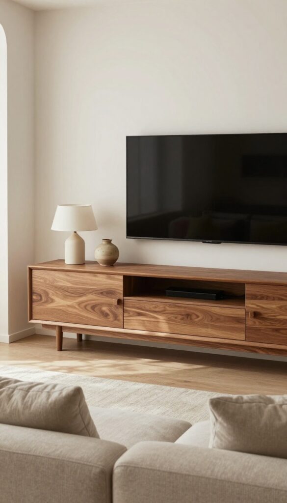 Modern living room with a low walnut media console, minimal decor, and natural light.