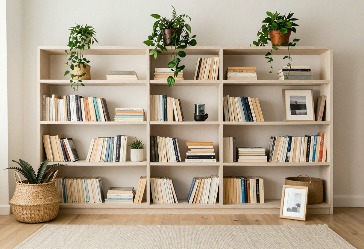 Cozy living room with layered shelving displaying books, plants, and decorative objects in warm neutral tones.