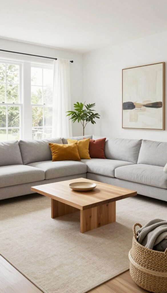 Modern family living room with modular sofa in L-shape, natural light, neutral decor, and colorful pillows.