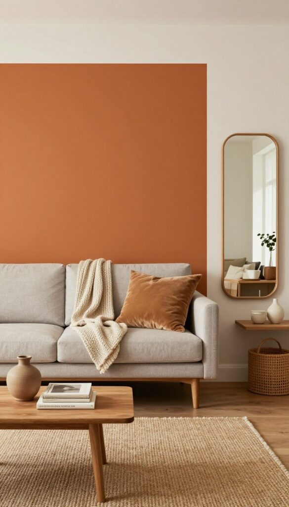 Small living room with burnt orange accent wall, mid-century modern furniture, natural textures, and warm lighting.