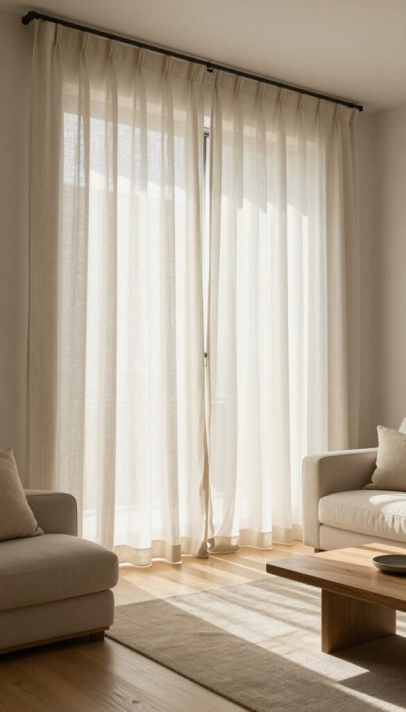 Floor-to-ceiling cream linen curtains in a modern living room with natural light and minimalist furniture
