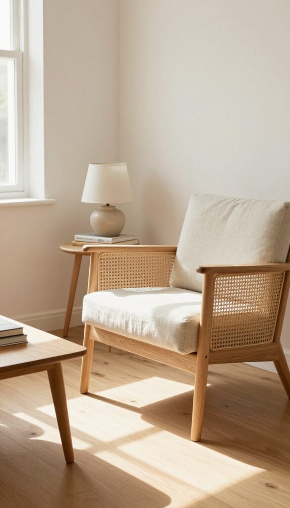 A pair of slim armchairs with cane backs and pale wood legs in a bright living room corner, angled toward a coffee table with a side table and lamp.
