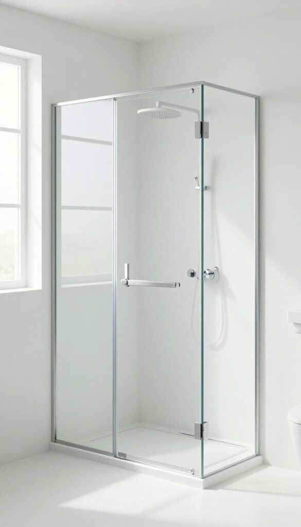 A photorealistic image of a clean bathroom with a water softener unit and a spotless glass shower door, emphasizing the clarity achieved by soft water.