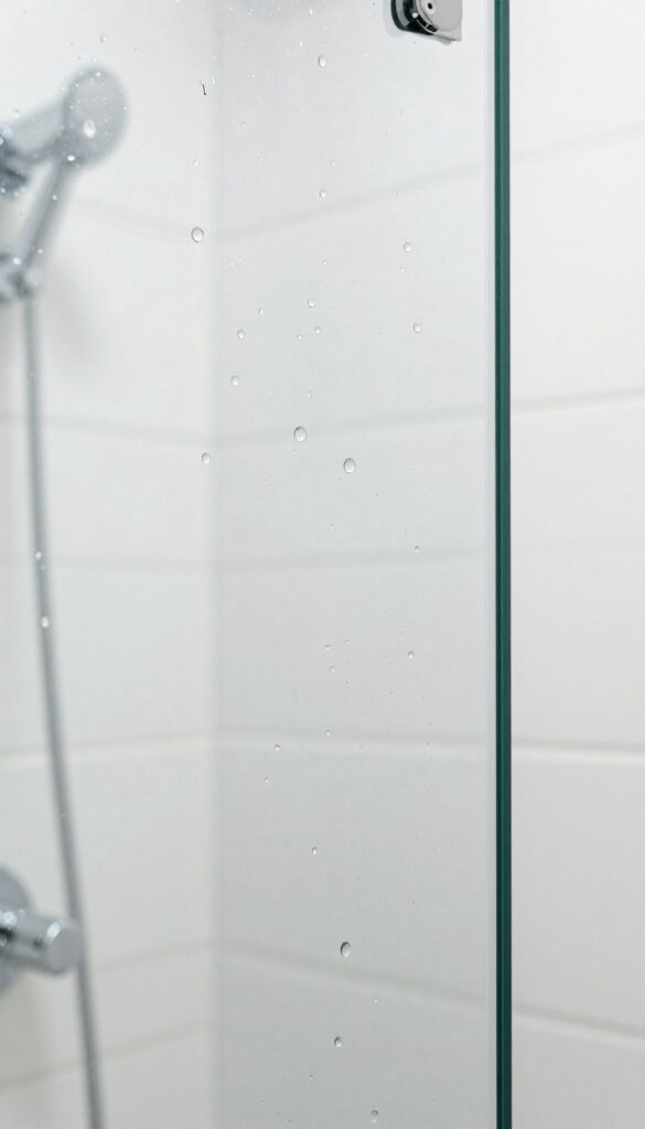 Water beading on a glass shower door treated with a water repellent, showing a clean, streak-free surface