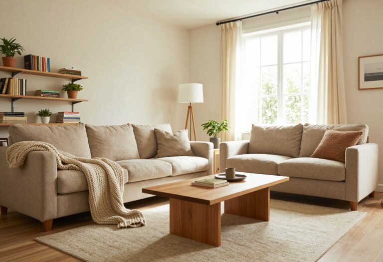 Cozy living room with warm decor, knit throw, and plants