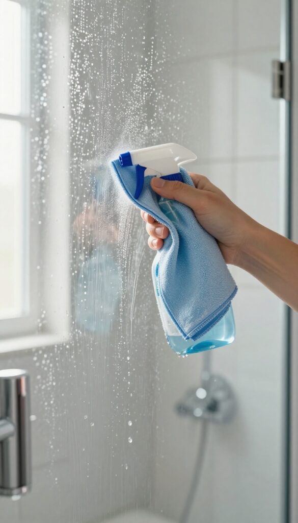 Cleaning glass shower door with rubbing alcohol spray and microfiber cloth for streak-free shine
