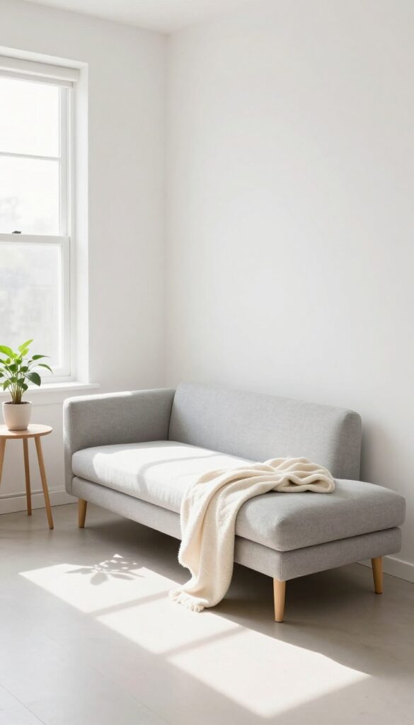 A light gray chaise lounge with slim legs in a bright living room, natural light, minimal decor.