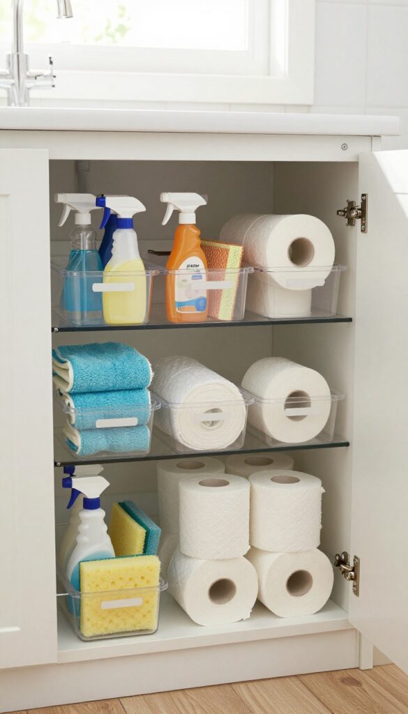 Organized under-sink bathroom cabinet with clear bins for cleaning supplies, sponges, and toilet paper, labeled for easy access.