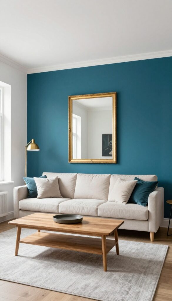 Living room with deep teal accent wall, beige sofa, gold mirror, and natural light.