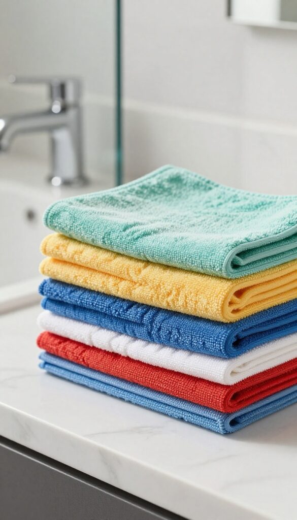 Colorful microfiber cloths stacked on a marble countertop in a bright bathroom